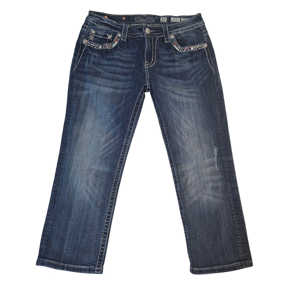 Miss Me Womens Mid Rise Capri Jeans Embroidered Dark Wash MW8161P3 Size 30 - Picture 2 of 11